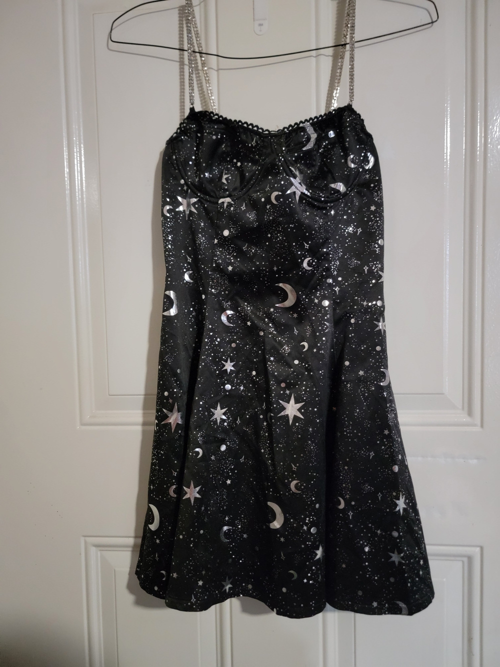 Celestial Black Satin Slip Dress with Chain Straps